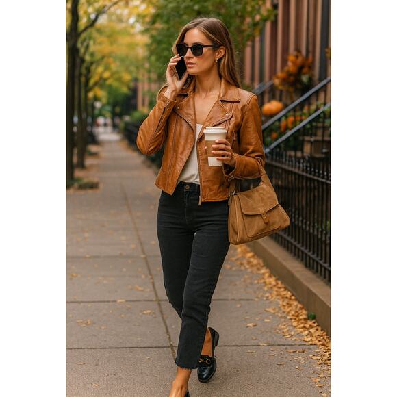 Polo Ralph Lauren Tan Leather Moto Jacket Western Prairie Vibes | Fall Staple - Picture 1 of 16